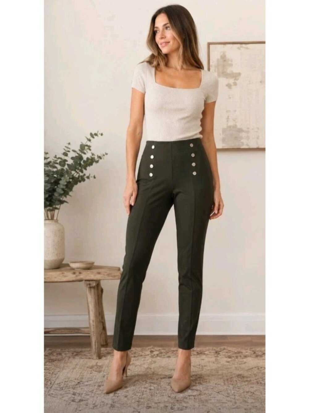 Elie Tahari High Rise Pants Stretch Skinny Preppy Career Office Olive Green M